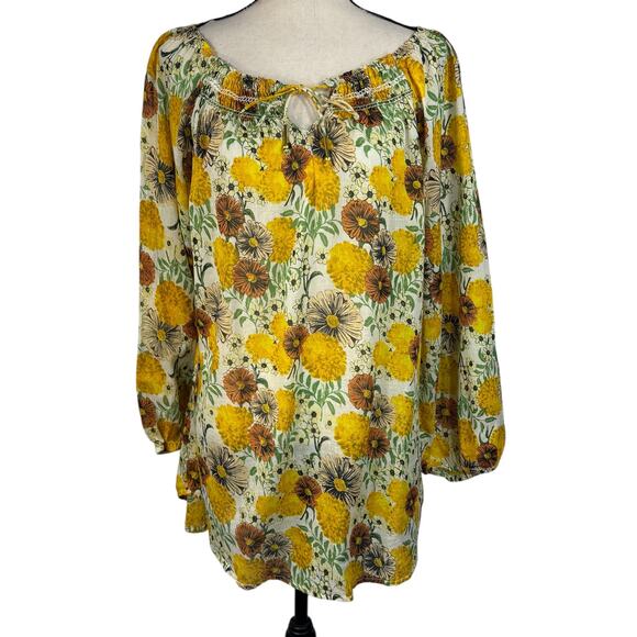 Boho Jane Medium Tunic Top Floral Long Balloon Sleeves Semi-Sheer Keyhole Neck - Picture 1 of 11